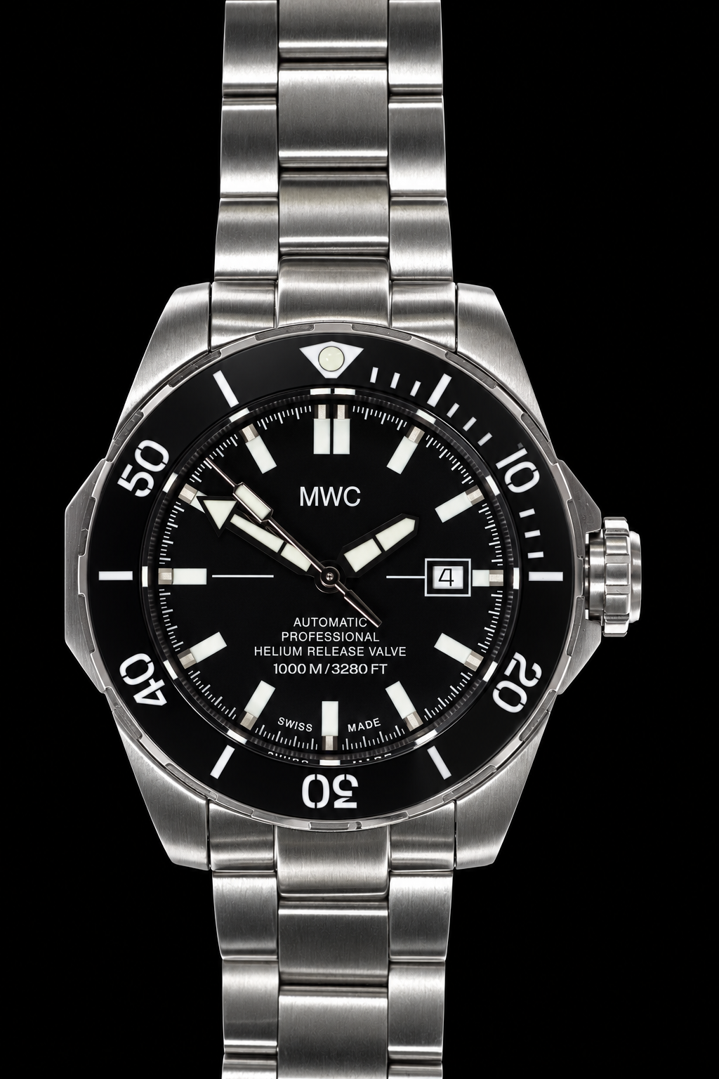 MWC 100ATM / 3,280ft / 1000m Water Resistant Diver's Watch Stainless Steel Case with Helium Valve and Matching Bracelet 100% Swiss Made with Sellita SW200 26-Jewel Automatic Movement