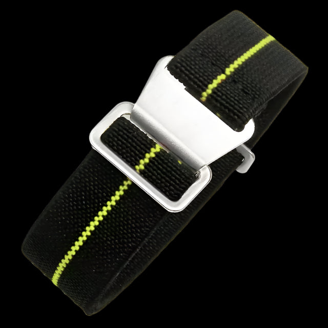 20mm Elasticated French Navy and Special Forces Strap in Black with a Yellow Stripe