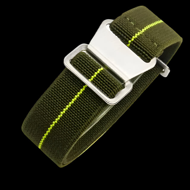 20mm Elasticated French Navy and Special Forces Strap in Green with a Yellow Stripe