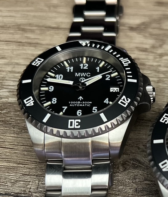 MWC 24 Jewel 300m Automatic Military Divers Watch with Tritium GTLS Illumination, Sapphire Crystal and Ceramic Bezel and Steel Bracelet