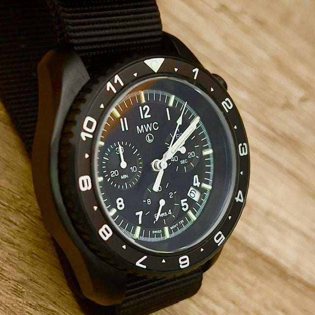 MWC NATO Pattern Stainless Steel Military Pilots Chronograph with Sapphire Crystal and Swiss Ronda Movement - 12 Hour GMT Bezel and GTLS/Tritium Illumination