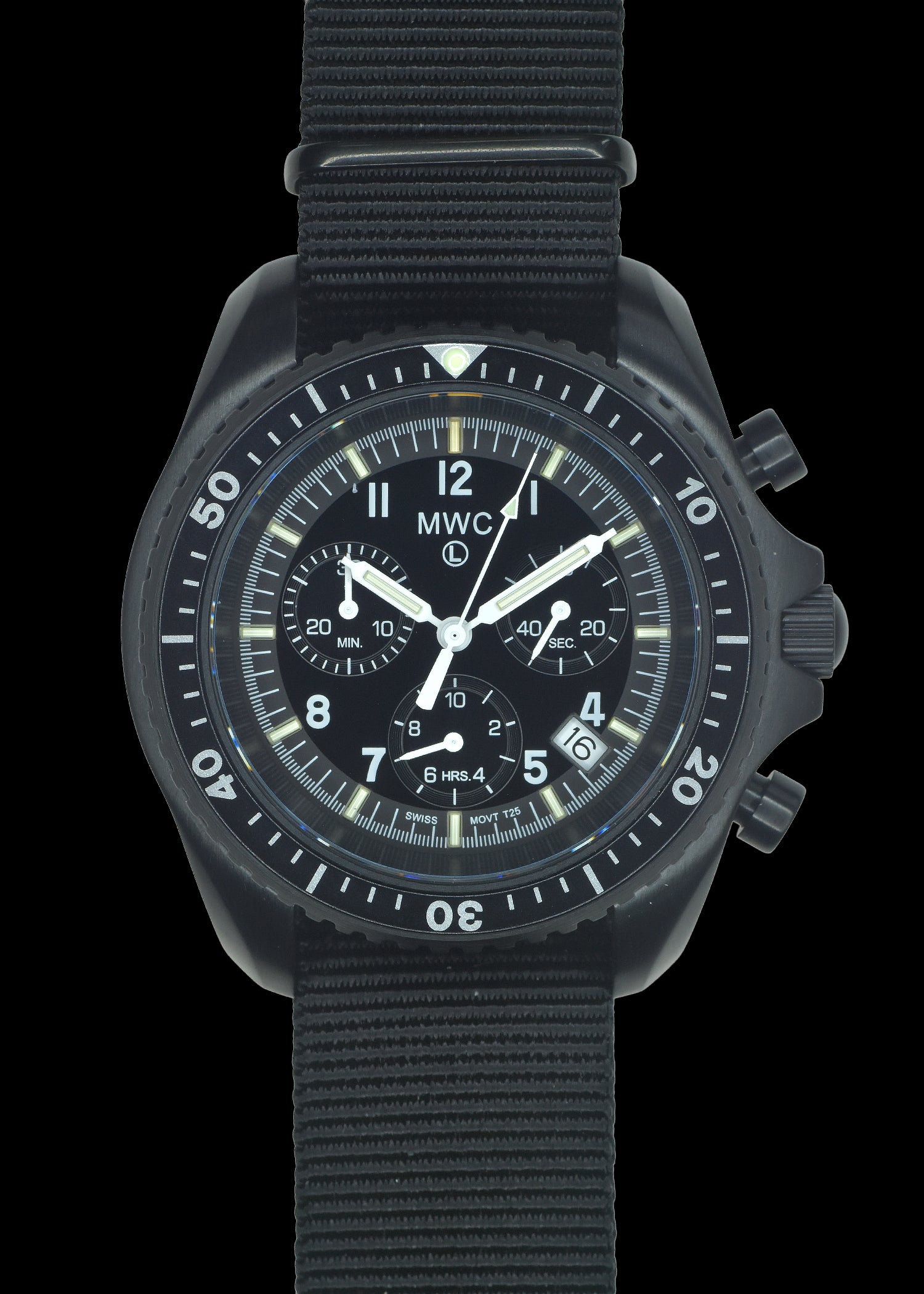 MWC NATO Pattern Black PVD Steel Military Pilots Chronograph with Sapphire Crystal and Swiss Ronda Movement with GTLS/Tritium Illumination
