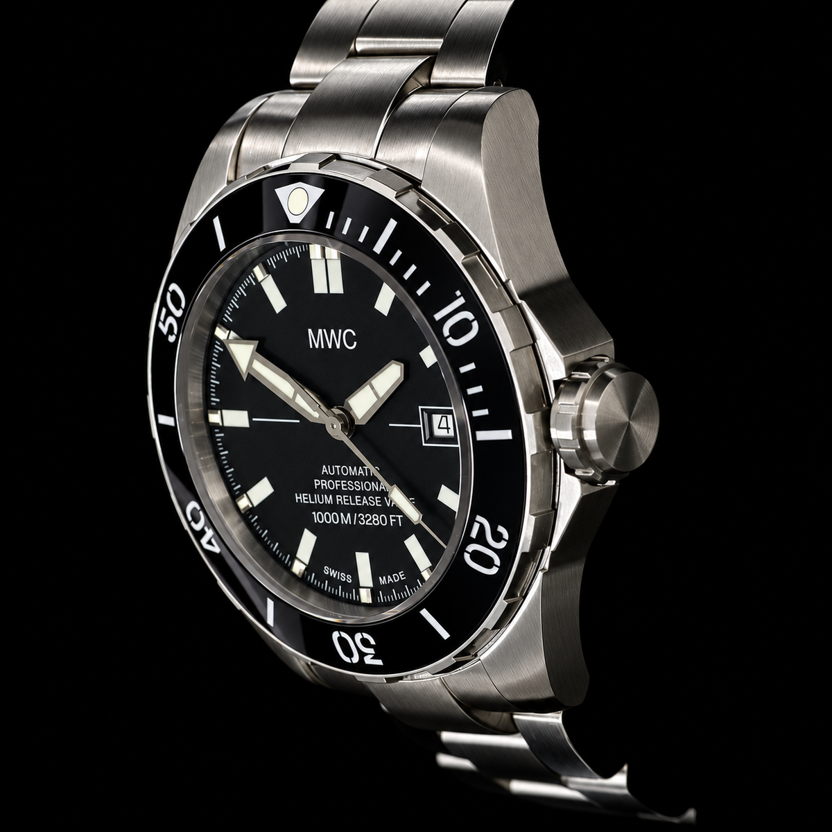 MWC 100ATM / 3,280ft / 1000m Water Resistant Diver's Watch  Stainless Steel Case with Helium Valve and Matching Bracelet  100% Swiss Made with Sellita SW200 26-Jewel Automatic Movement