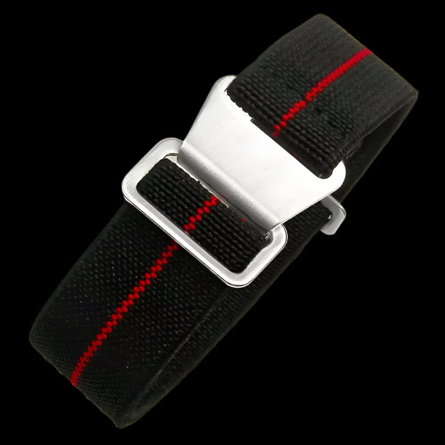22mm Elasticated French Navy and Special Forces Strap in Black with a Red Stripe