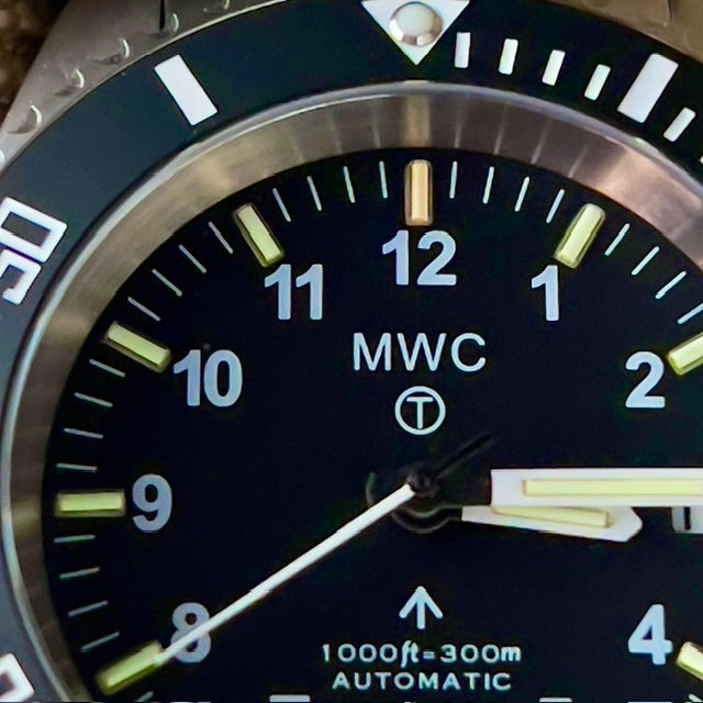 MWC 24 Jewel 300m Automatic Military Divers Watch with Tritium GTLS Illumination, Sapphire Crystal and Ceramic Bezel and Steel Bracelet