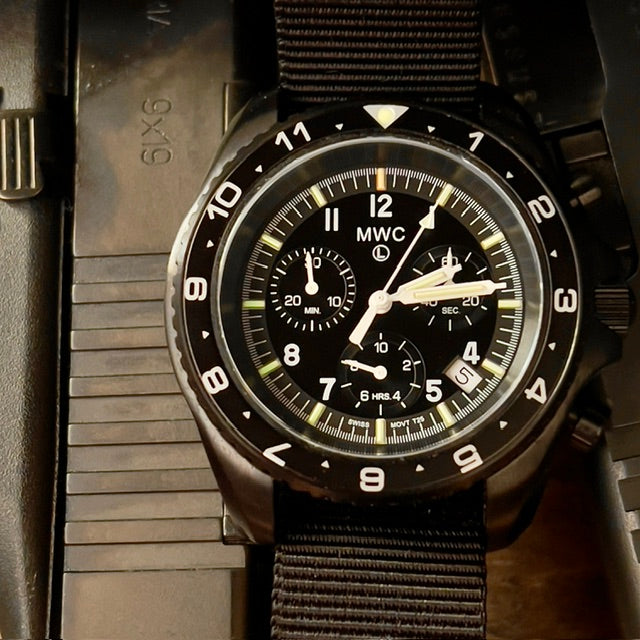 MWC NATO Pattern Stainless Steel Military Pilots Chronograph with Sapphire Crystal and Swiss Ronda Movement - 12 Hour GMT Bezel and GTLS/Tritium Illumination