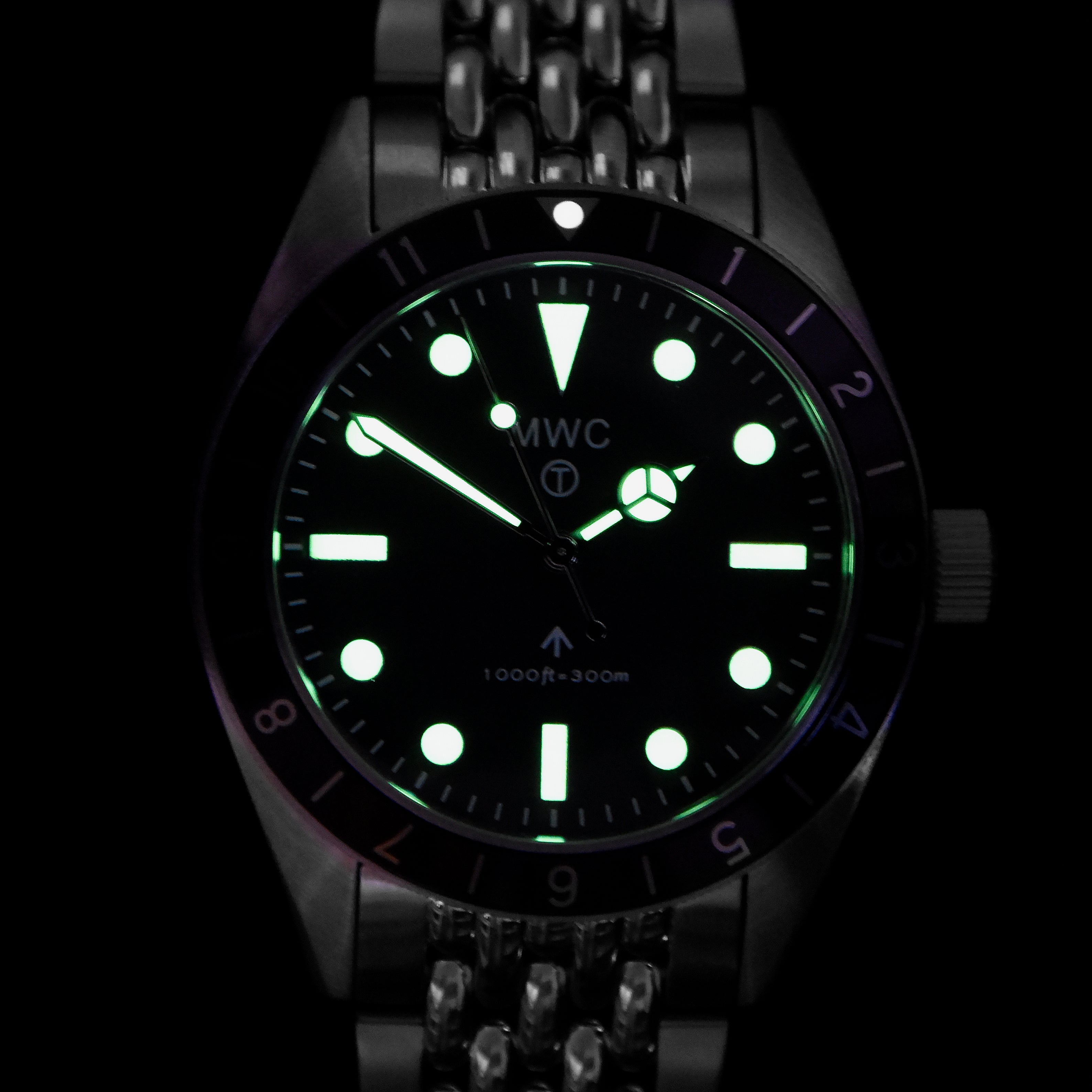 MWC Classic 1960s Pattern Dual Time Zone Divers Watch with Luminova Paint and a Hybrid Mechanical/Quartz Movement on Matching Bracelet